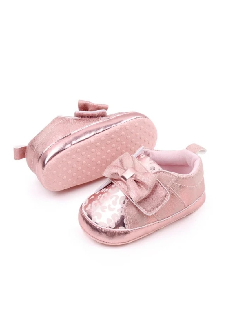 Pantofi Sidefati - Cu Imprimeu Si Fundita - Casual - Piele ecologica - Fete - Velcro - Roz