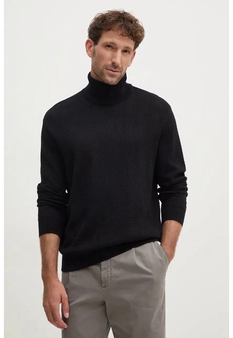 Pulover texturat cu guler inalt - Negru
