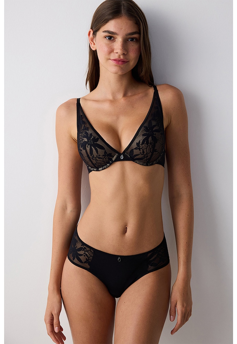 Sutien cu burete - cupe triunghiulare si dantela cu model floral - Negru