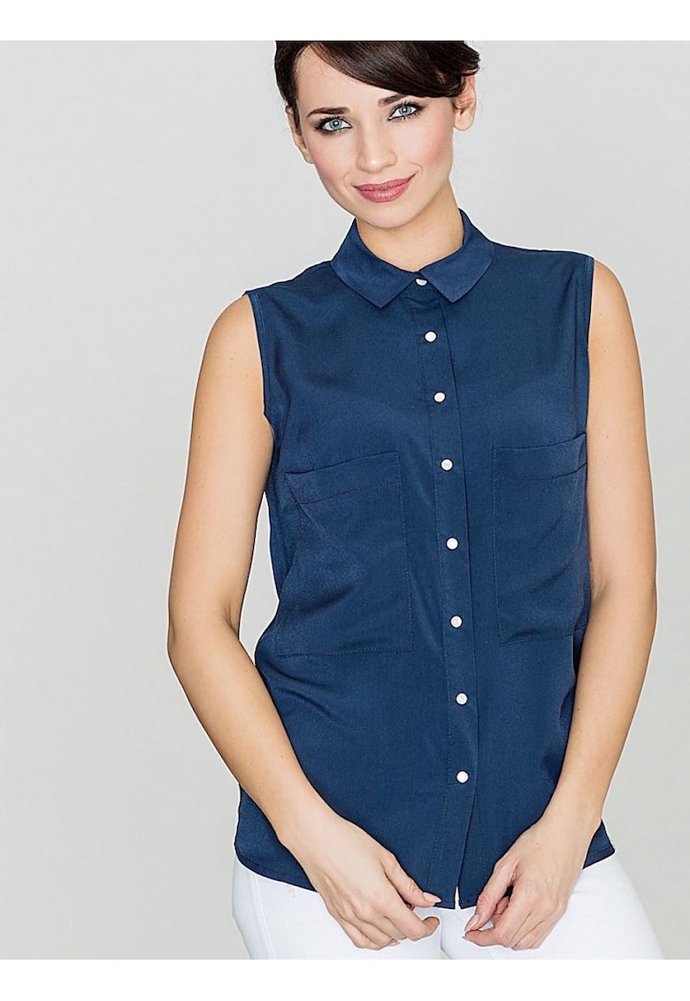 Camasa dama  bleumarin - fara maneci - cu perle - din poliester si viscoza