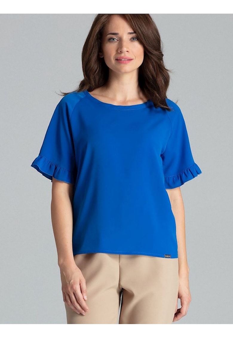 Bluza dama - cu maneci scurte - volan - albastru - poliester