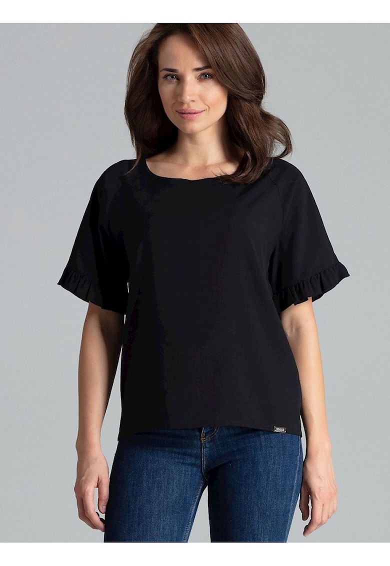 Bluza dama  neagra - maneci scurte - decolteu semicircular - volan delicat - poliester.