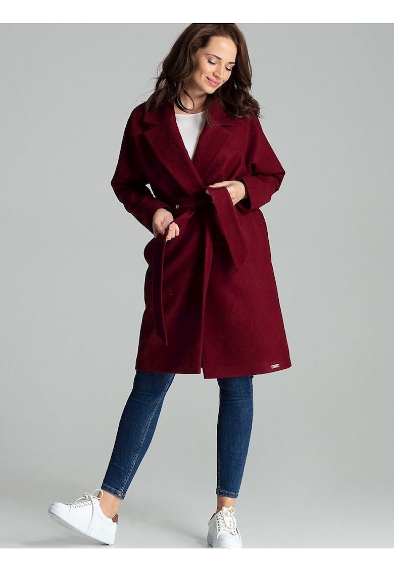 Palton dama drept - maro castan - revere largi - curea decorata - poliester