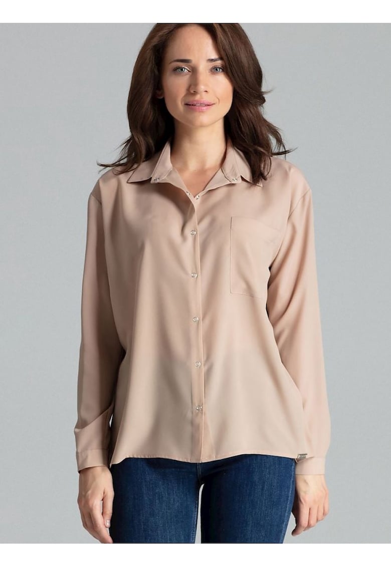 Camasa dama - cu maneca lunga - bej - din poliester si elastan