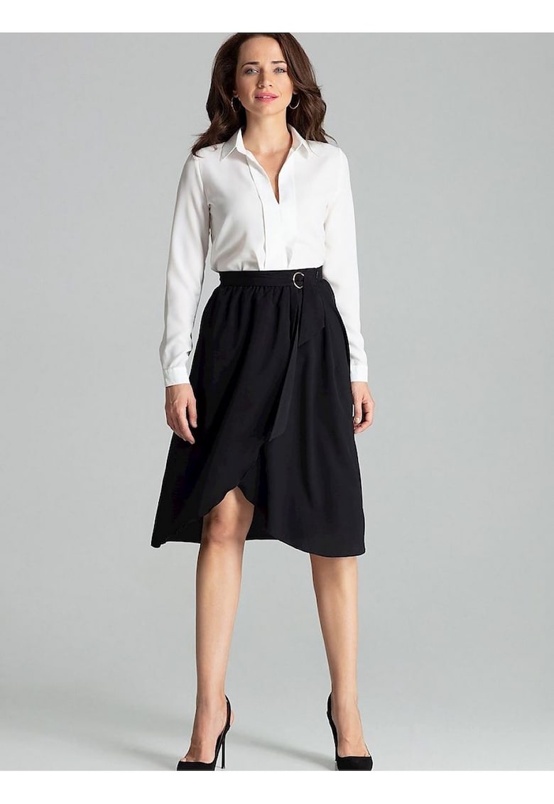 Fusta midi neagra - talie plisata - fermoar lateral ascuns - curea cu catarama aurie - poliester