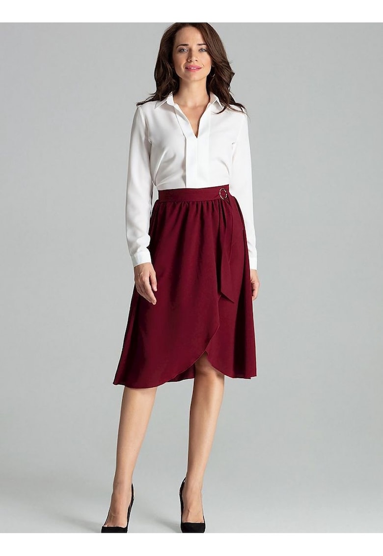 Fusta midi maro castaniu - talie plisata - fermoar lateral ascuns - cureaua cu catarama aurie - fara captuseala.