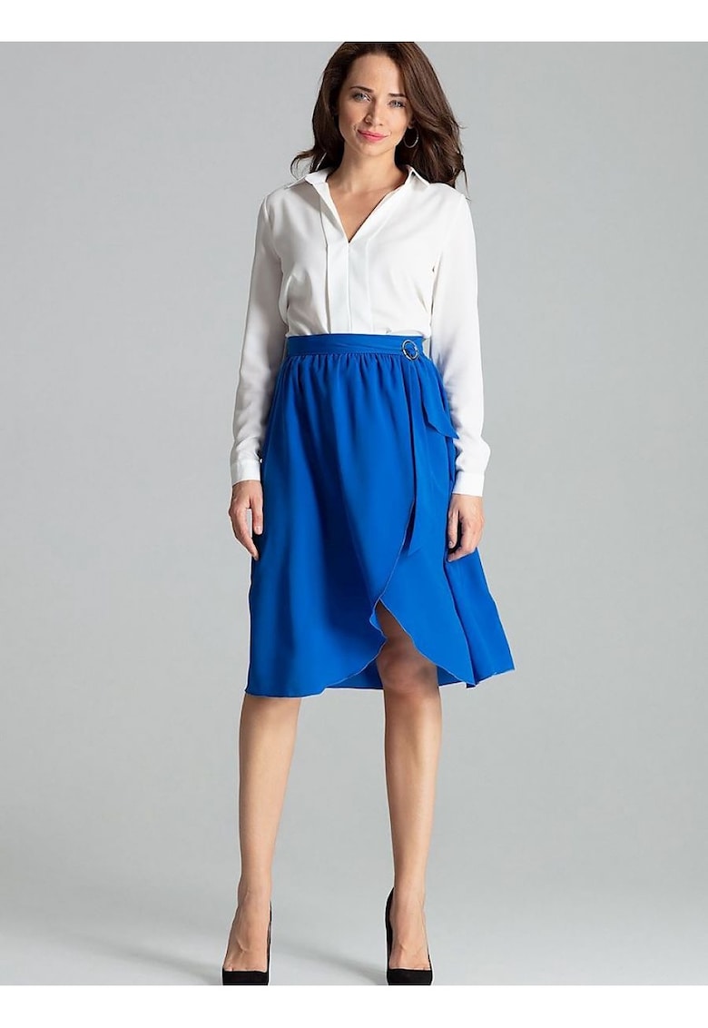 Fusta midi - albastra - talie plisata - fermoar lateral - cureaua cu catarama aurie