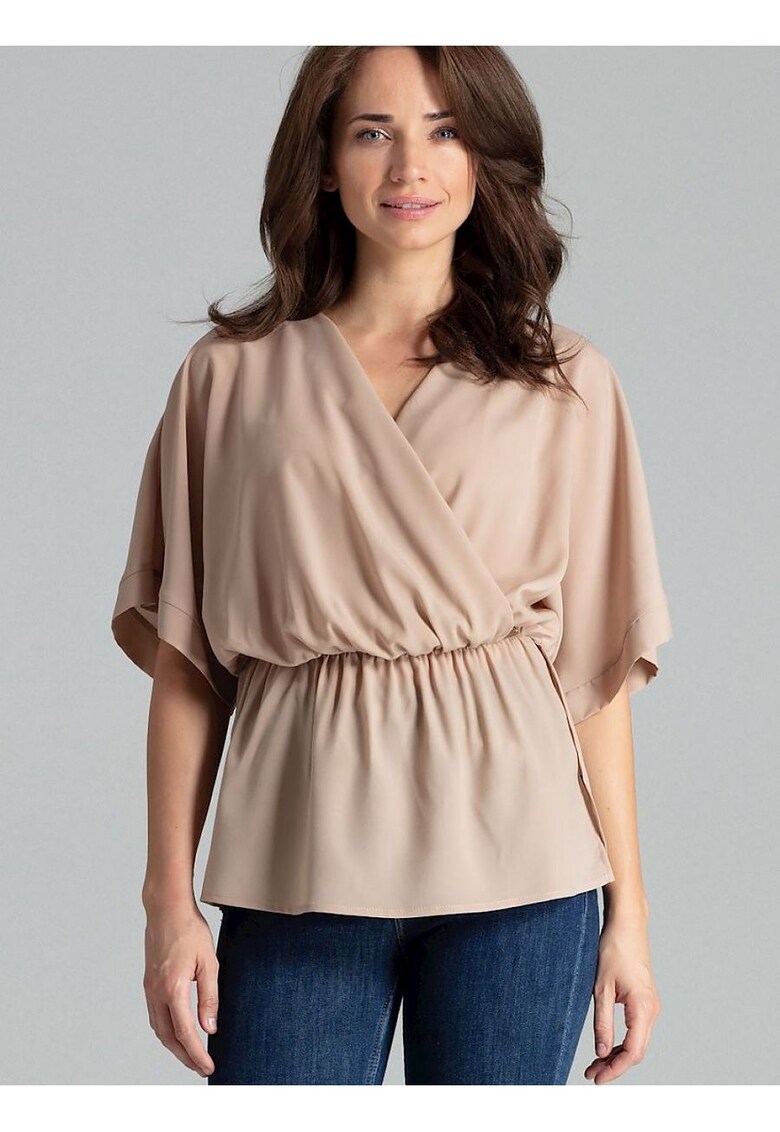 Bluza dama bej - lejera - cu maneci kimono - din poliester