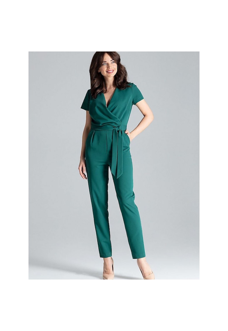 Salopeta dama -  verde - poliester si viscoza - cu maneci scurte si pliuri in talie