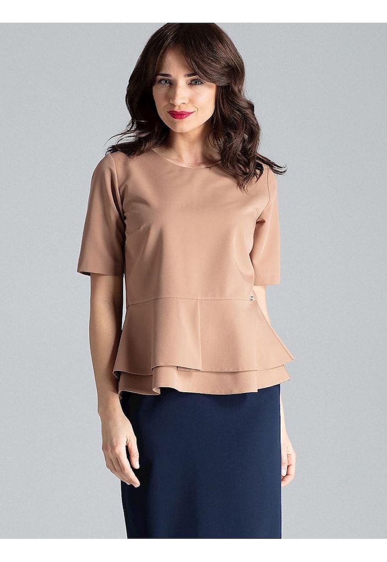 Bluza dama - cu maneci scurte - decolteu semicircular - bascul dublu - maro - poliester 65% - viscoza 35% -