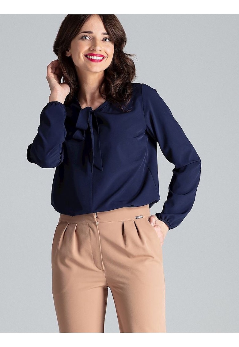 Bluza dama -  bleumarin - maneci lungi - nod decorativ - poliester -