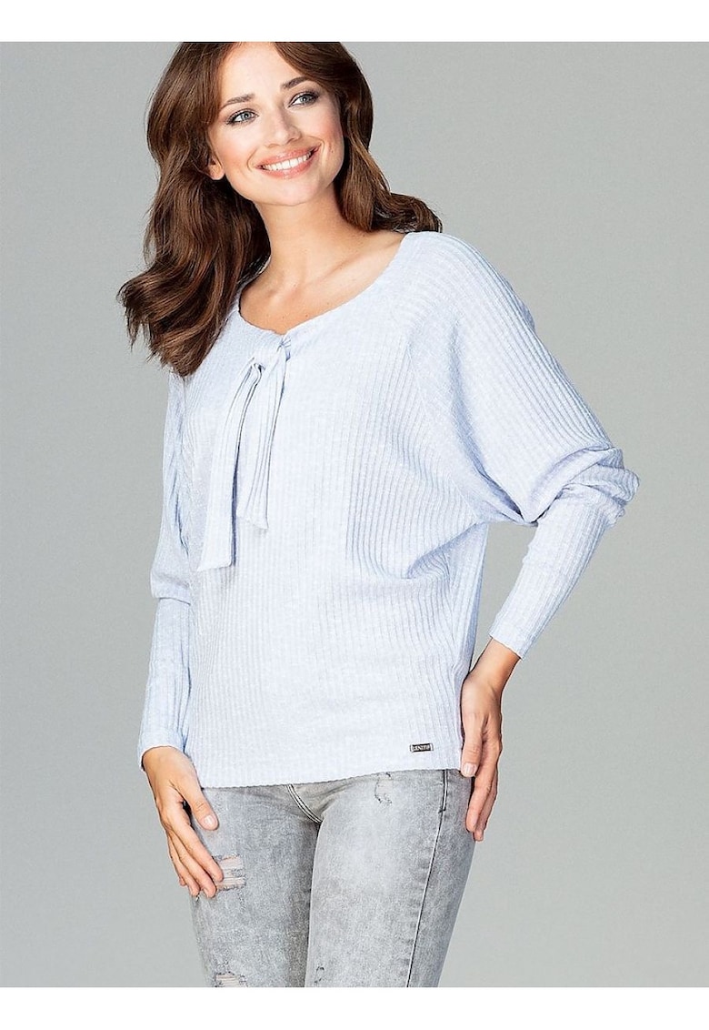 Bluza dama albastra - tricotata - maneci lungi - decolteu cu papion - viscoza