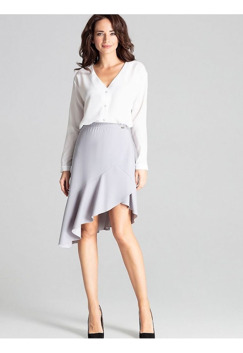 Fusta midi asimetrica gri - elastica - din poliester