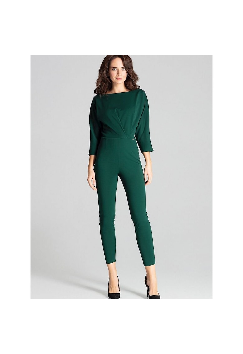 Salopeta dama  verde - poliester - maneci 3/4 - decolteu semicircular - pliuri asimetrice -