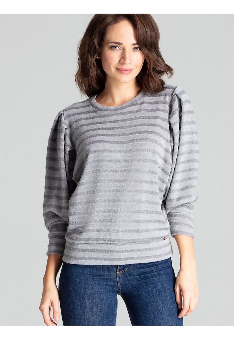 Bluza dama gri - maneci kimono lungi - tricotata cu dungi orizontale - material poliester -