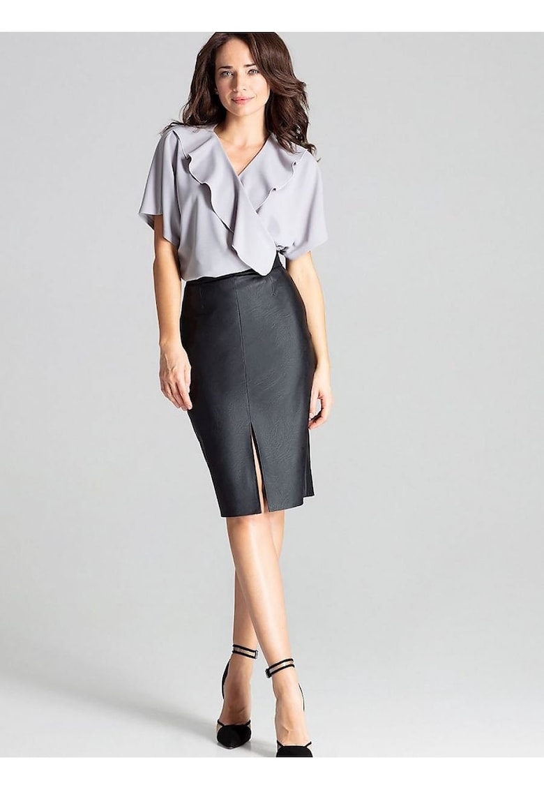 Fusta creion - midi - neagra - piele ecologica - fermoar decorativ - despicatura