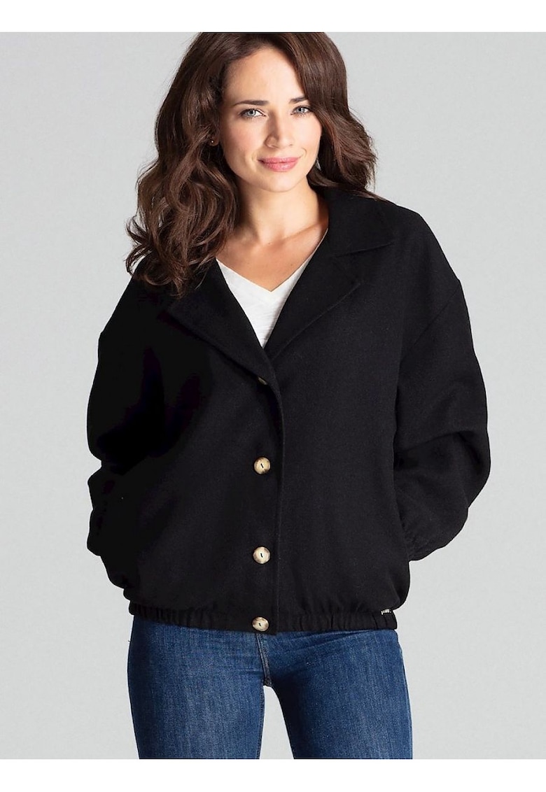 Geaca scurta -  neagra - cu maneci supradimensionate - buzunare laterale - poliester -