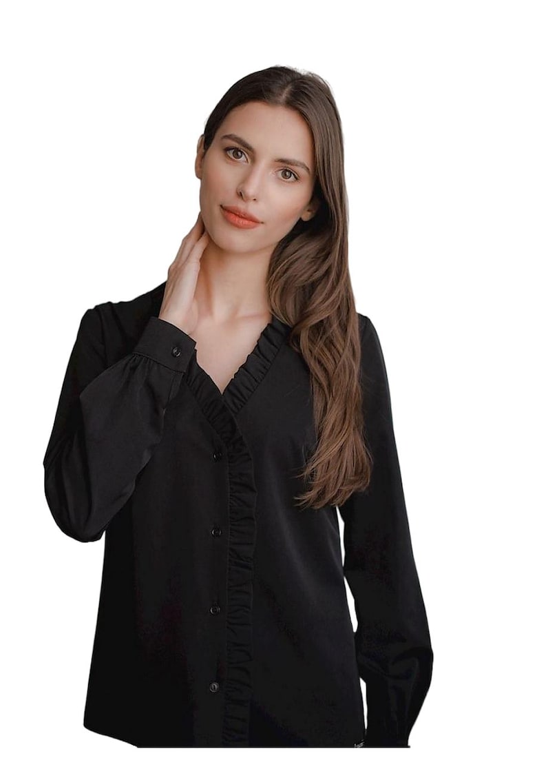 Camasa dama -  neagra - cu decolteu in forma de inima - garnitura cu volane - maneci lungi