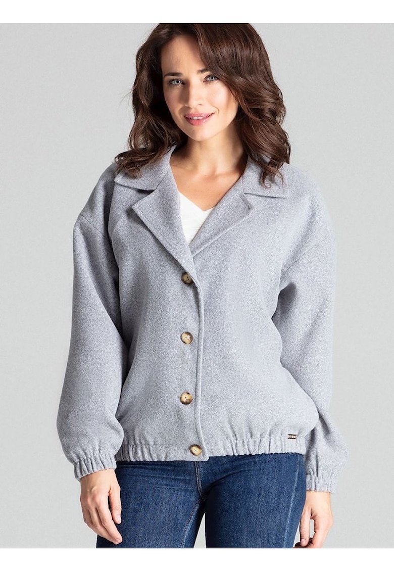 Geaca scurta -  gri - cu maneci supradimensionate - buzunare laterale - poliester -