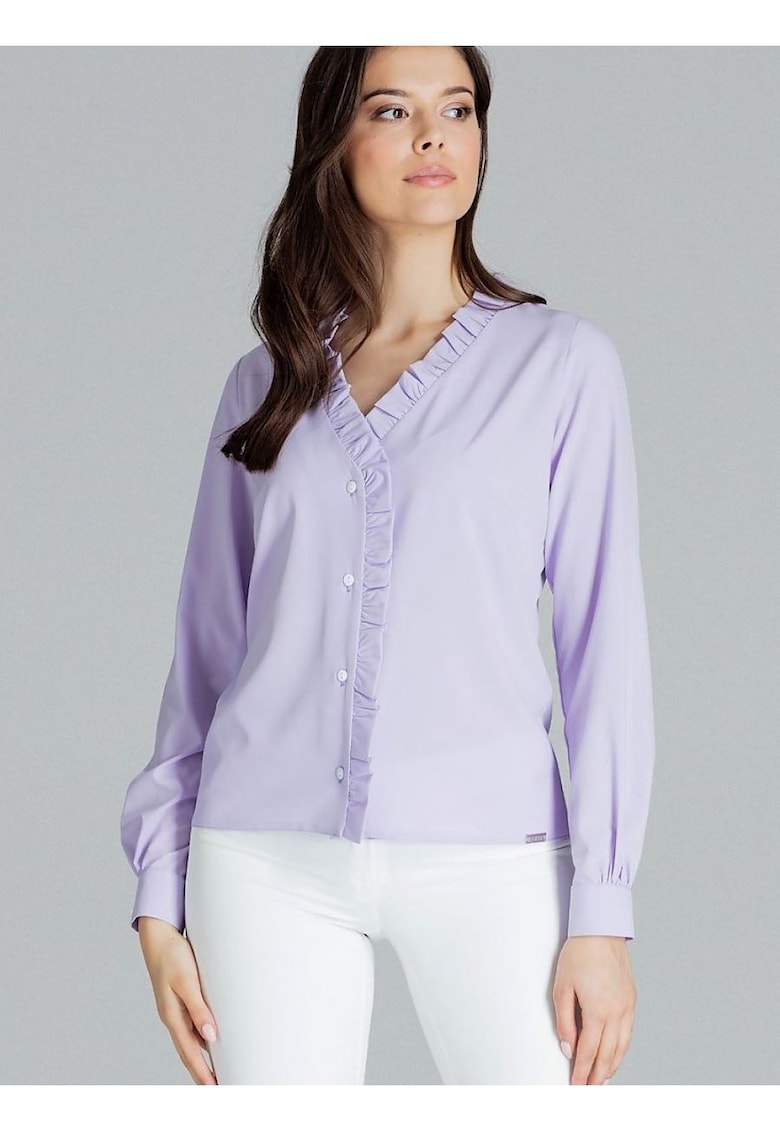 Camasa dama -  mov - cu decolteu in forma de inima - garnitura cu volane - maneci lungi