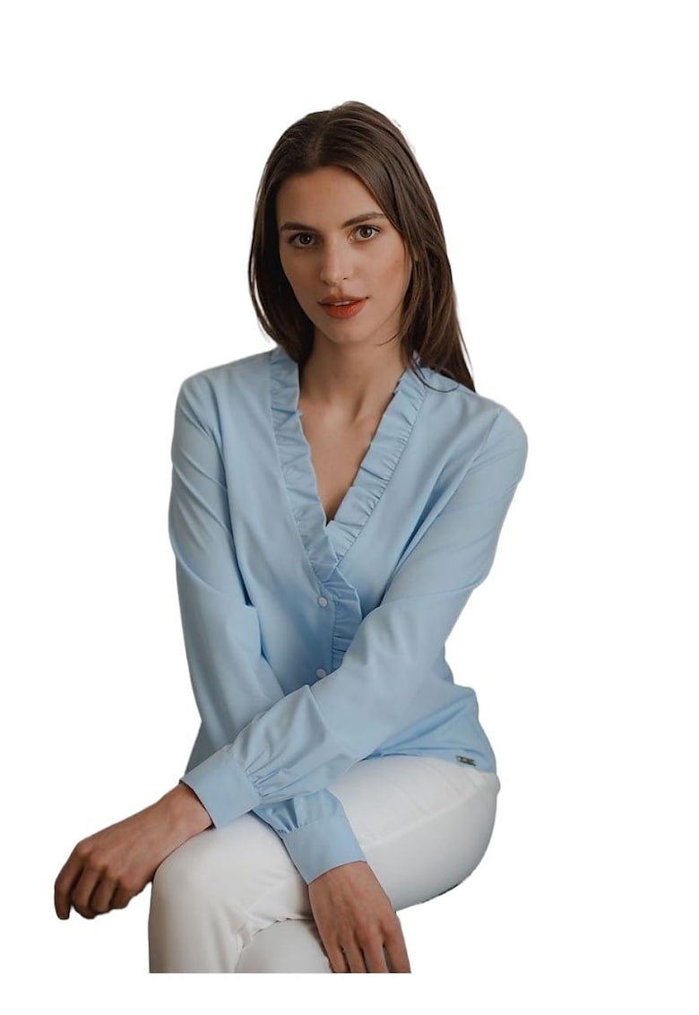 Camasa dama - albastra - cu decolteu dulce - volan - maneci lungi - poliester. -