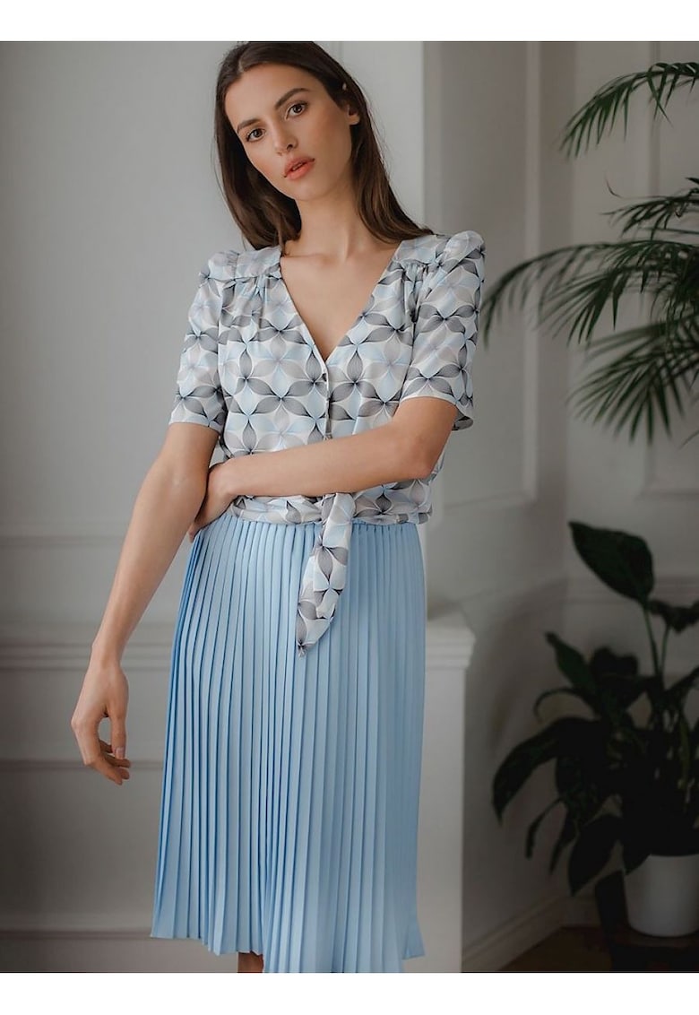 Fusta midi - plisata - talie elastica - albastra - poliester -