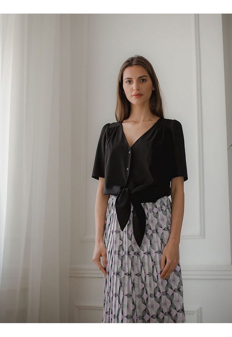 Fusta midi plisata - gri/alb - banda elastica - poliester -