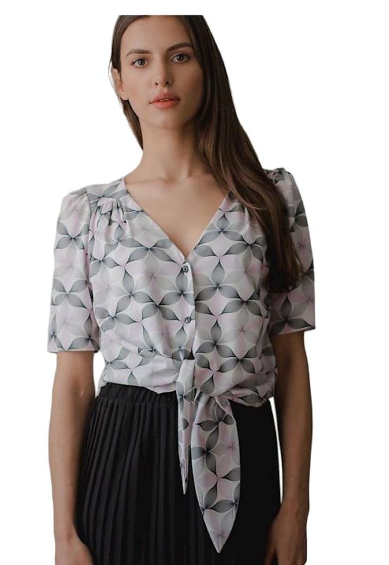 Camasa scurta -  cu decolteu in forma de inima - maneci scurte plisate - multicolor - poliester Camasa scurta -  cu decolteu in forma de inima - maneci scurte plisate - multicolor - poliester