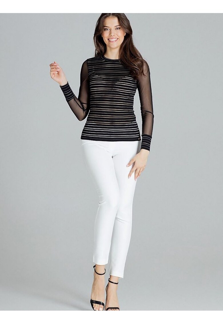 Bluza dama - cu dungi negre - maneci lungi din plasa - negru - viscoza.