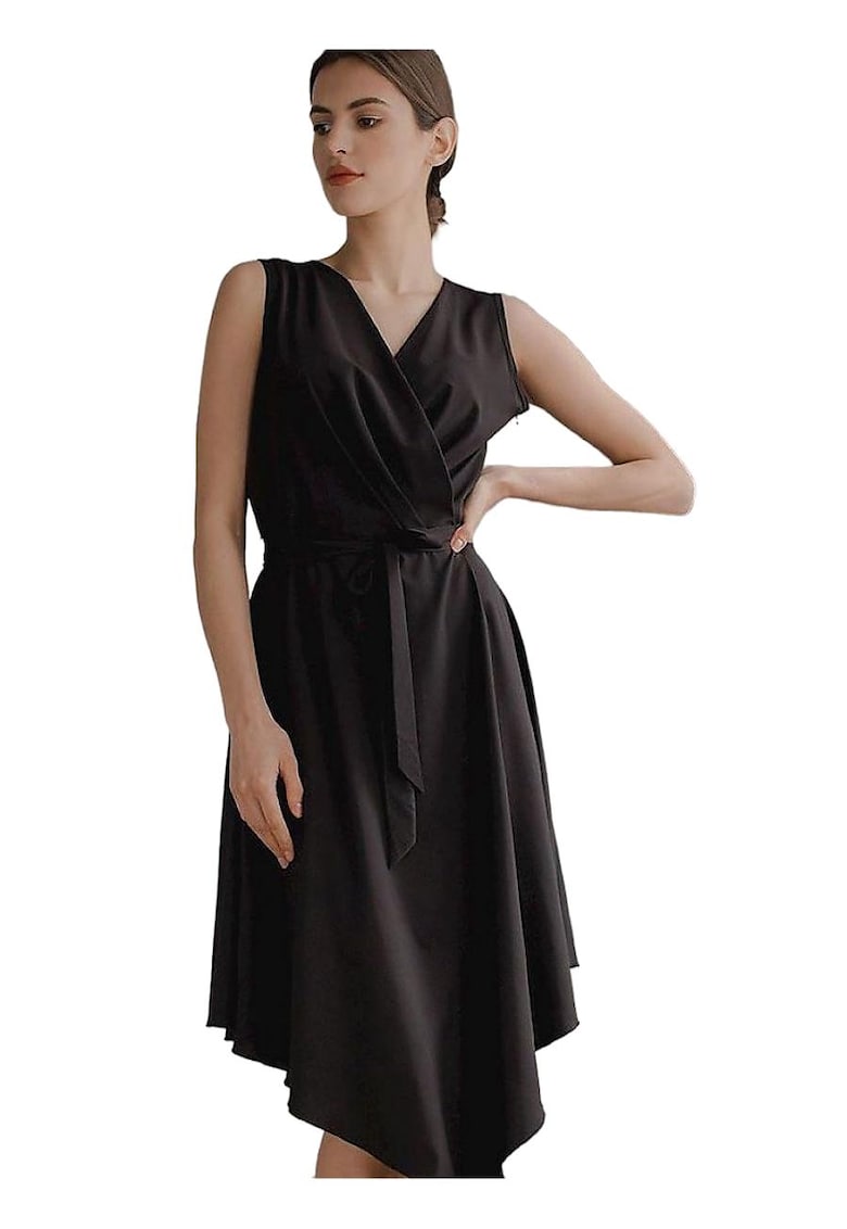 Rochie midi - Negru - Fara maneci - Cu curea decorativa - Poliester/Elastan