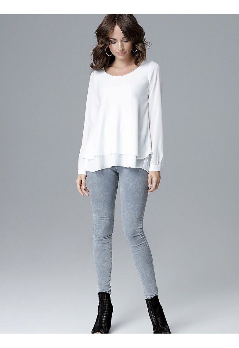 Bluza dama bej - maneci lungi - decolteu semicircular - volan -