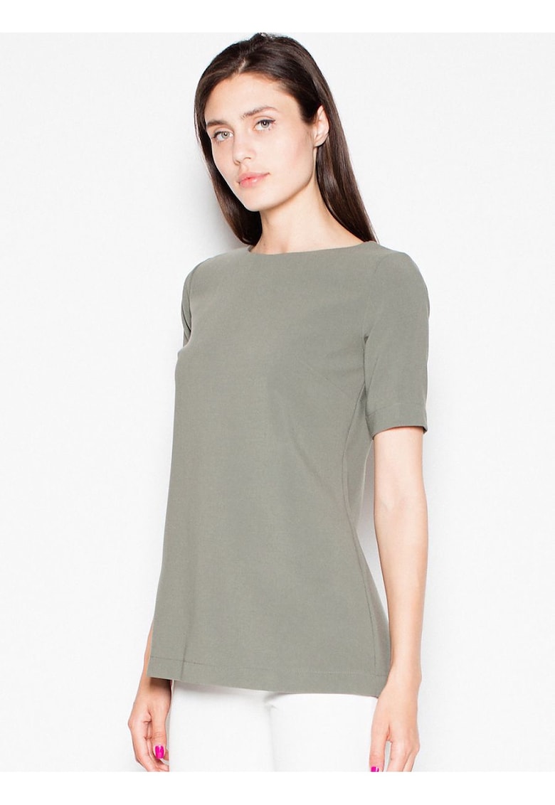 Tricou dama verde - croiala prelungita - decupaje patrate - poliester. -