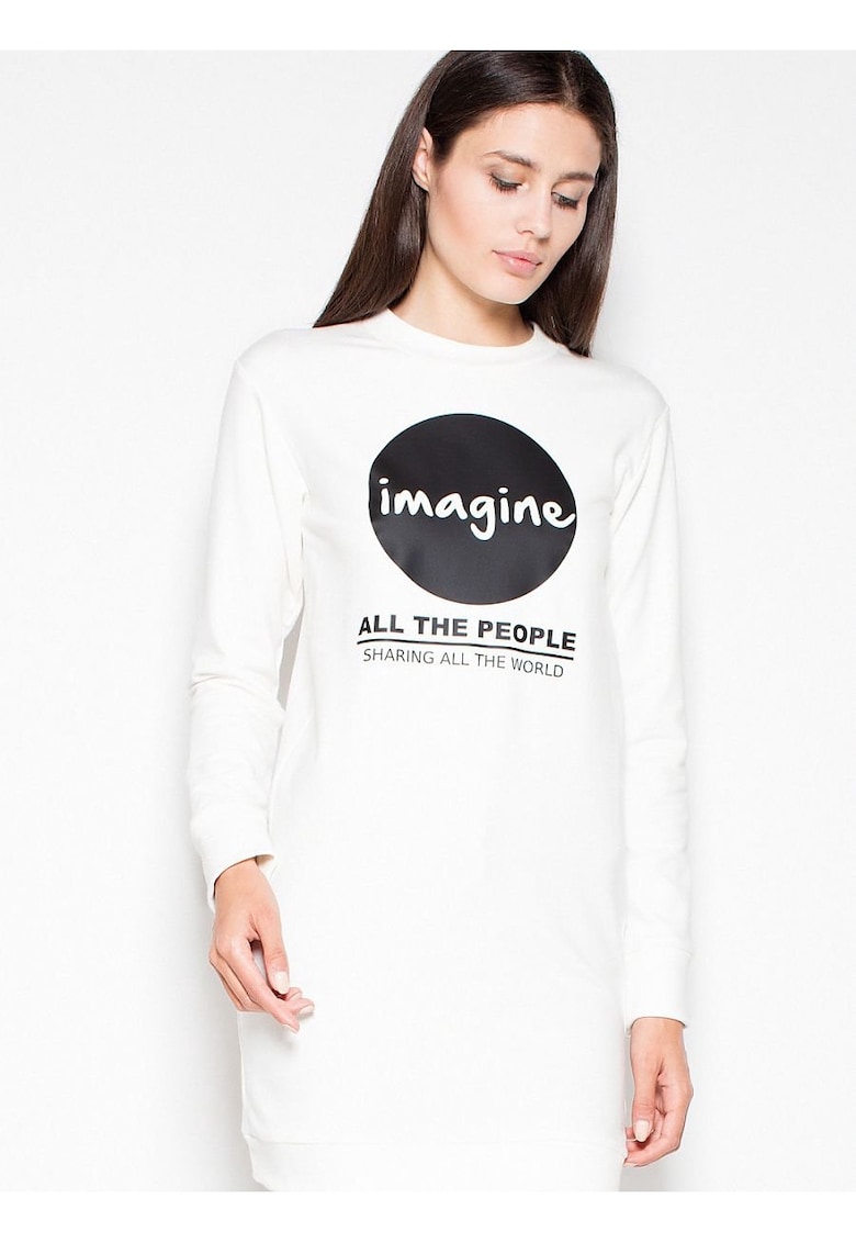 Pulover dama bej - bumbac - imprimeu original - maneci lungi