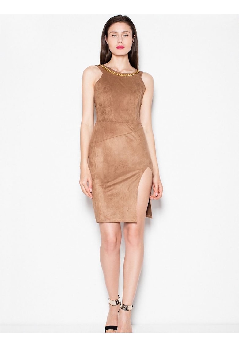 Rochie de seara  maro - piele intoarsa - decolteu adanc - cu colier bijuterii