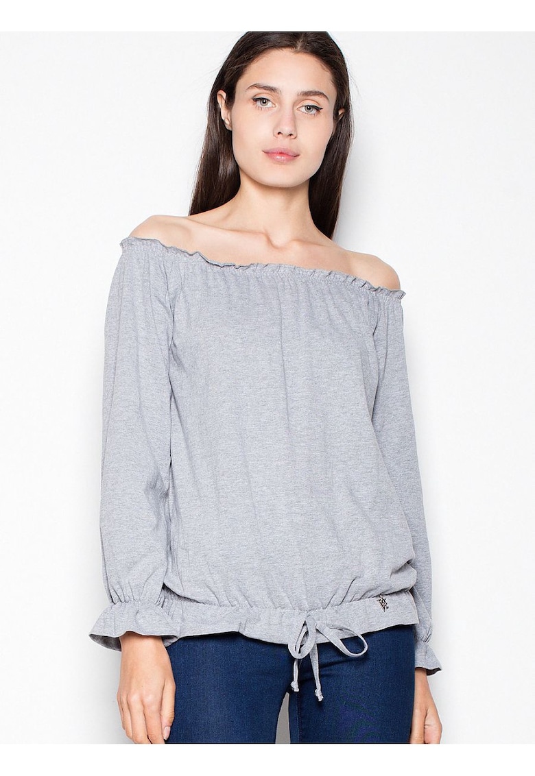 Bluza dama gri - bumbac - maneca lunga - model lejer cu pliuri