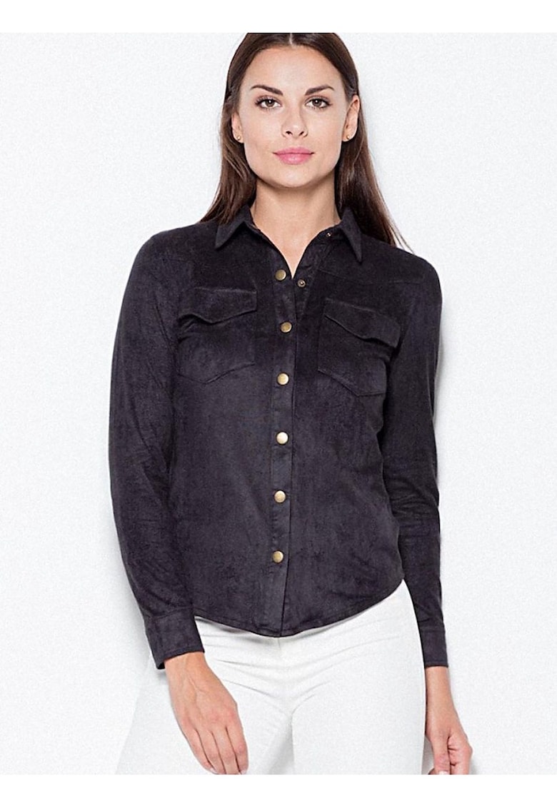 Camasa dama lunga - neagra - din piele intoarsa - cu nasturi metalici - 95% poliester - 5% elastan Camasa dama lunga - neagra - din piele intoarsa - cu nasturi metalici - 95% poliester - 5% elastan