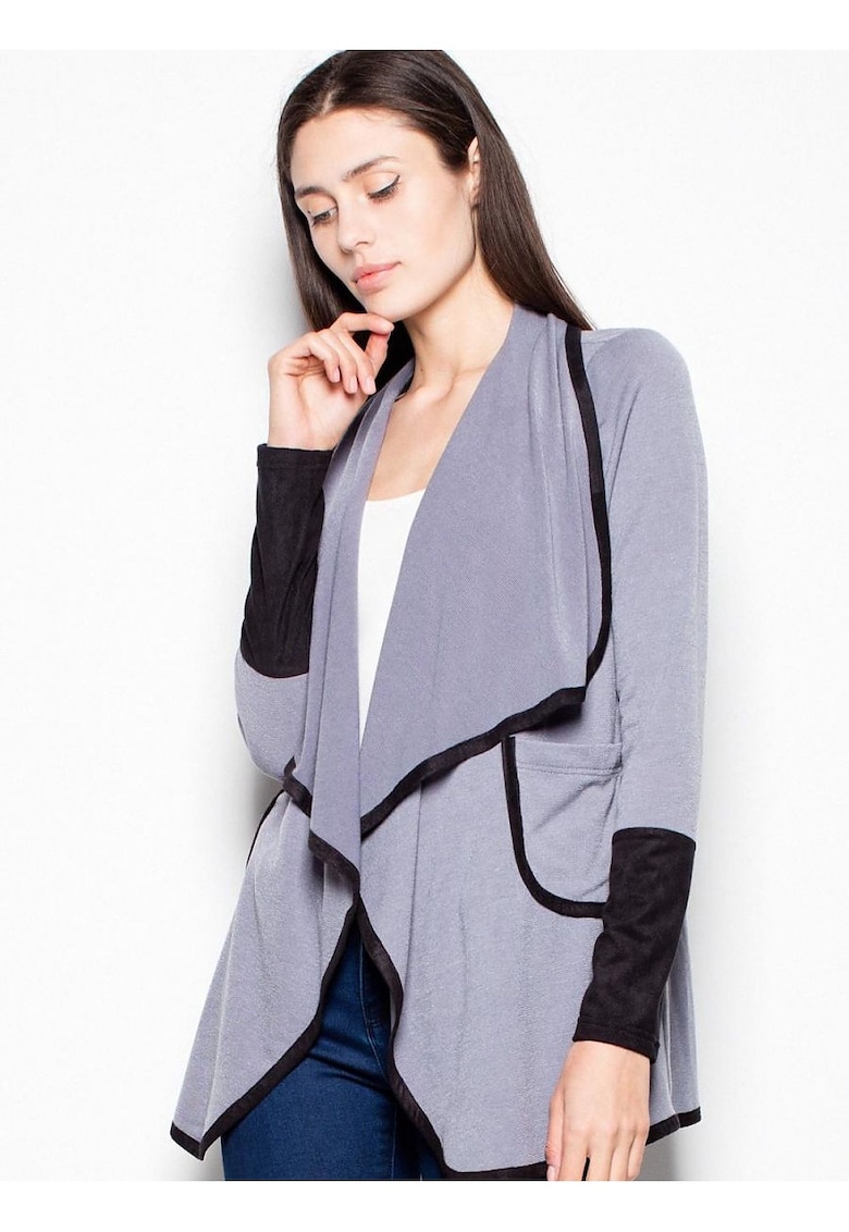 Cardigan dama -  elegant - gri - cu guler captusit - poliester