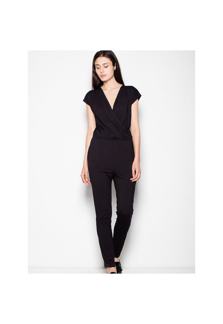 Salopeta dama -  neagra - cu decolteu spectaculos si talie cu snur - din viscoza -