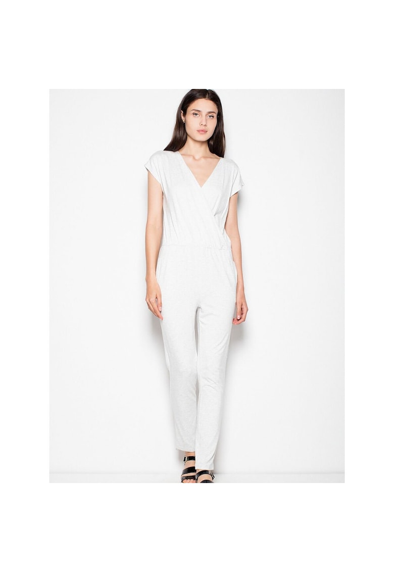 Salopeta dama  maneci scurte - talie cu snur - gri - viscoza Salopeta dama  maneci scurte - talie cu snur - gri - viscoza