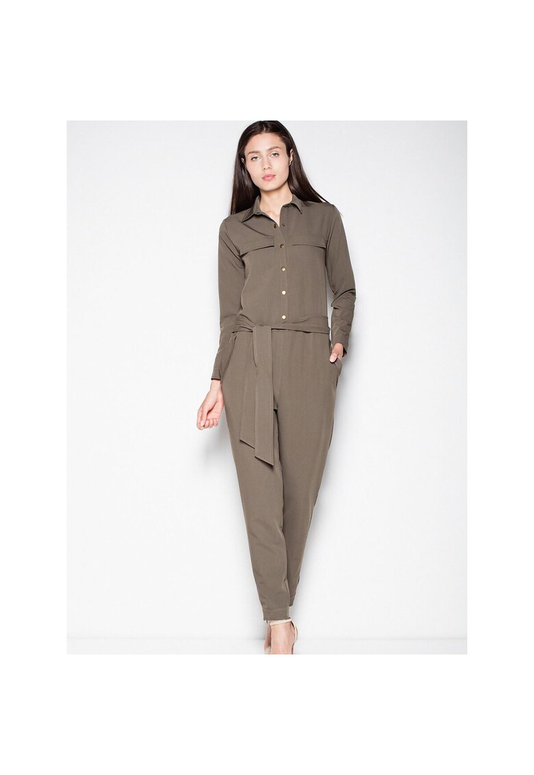 Salopeta dama  verde - cu maneci lungi - guler - cravata in talie - poliester-viscoza -