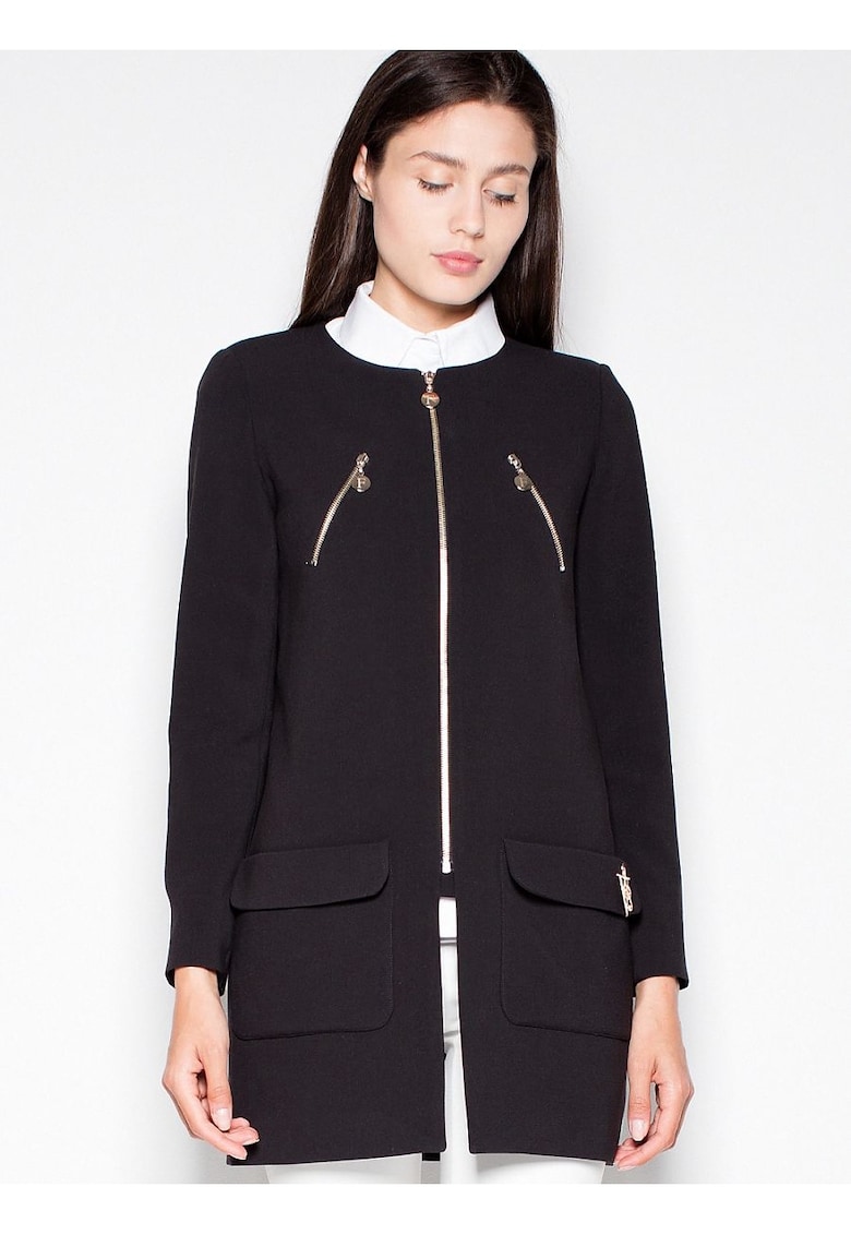 Palton dama negru - croiala dreapta - fermoar - buzunare decorative - material poliester -