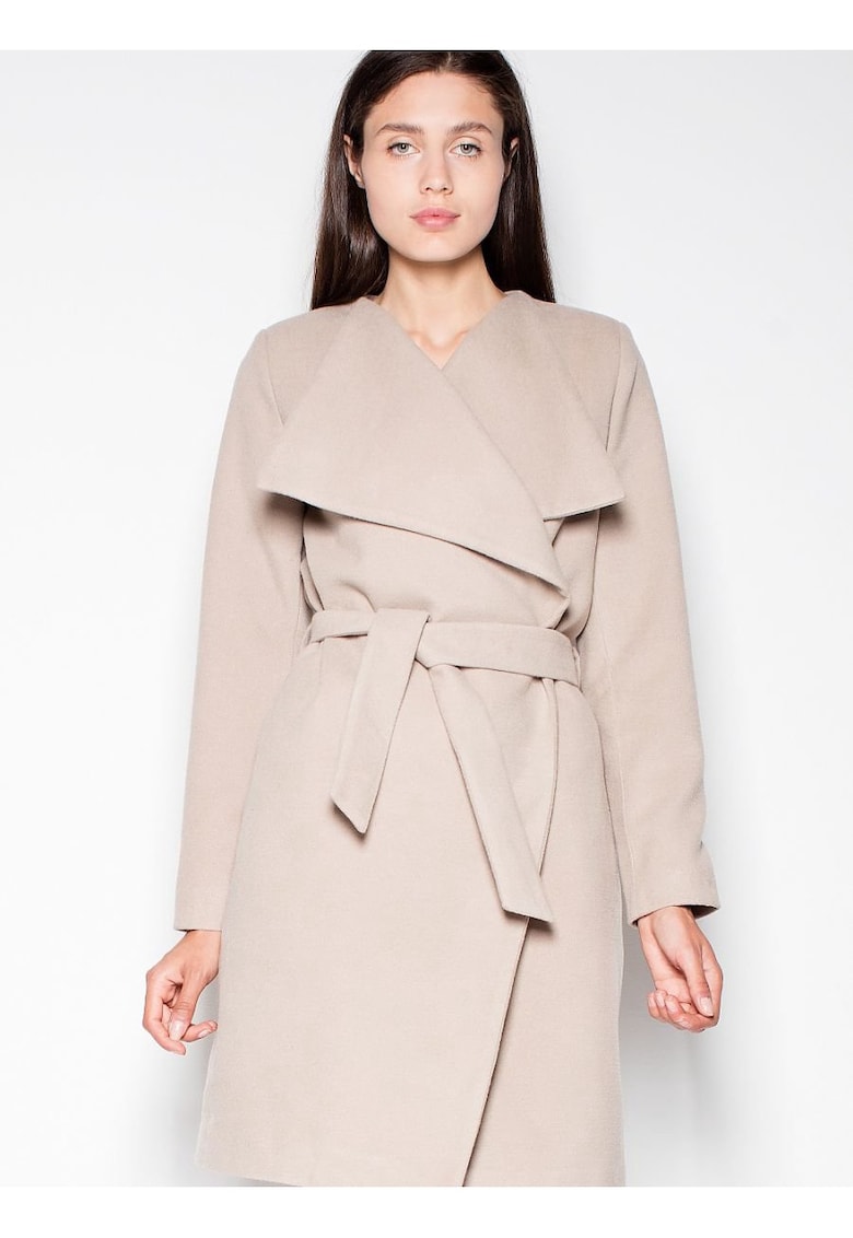 Palton dama elegant - cu guler raspandit - bej - poliester 80% - viscoza 20%