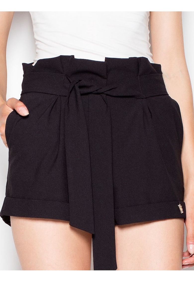 Pantaloni scurti dama cu talie inalta - buzunare laterale - negru - poliester