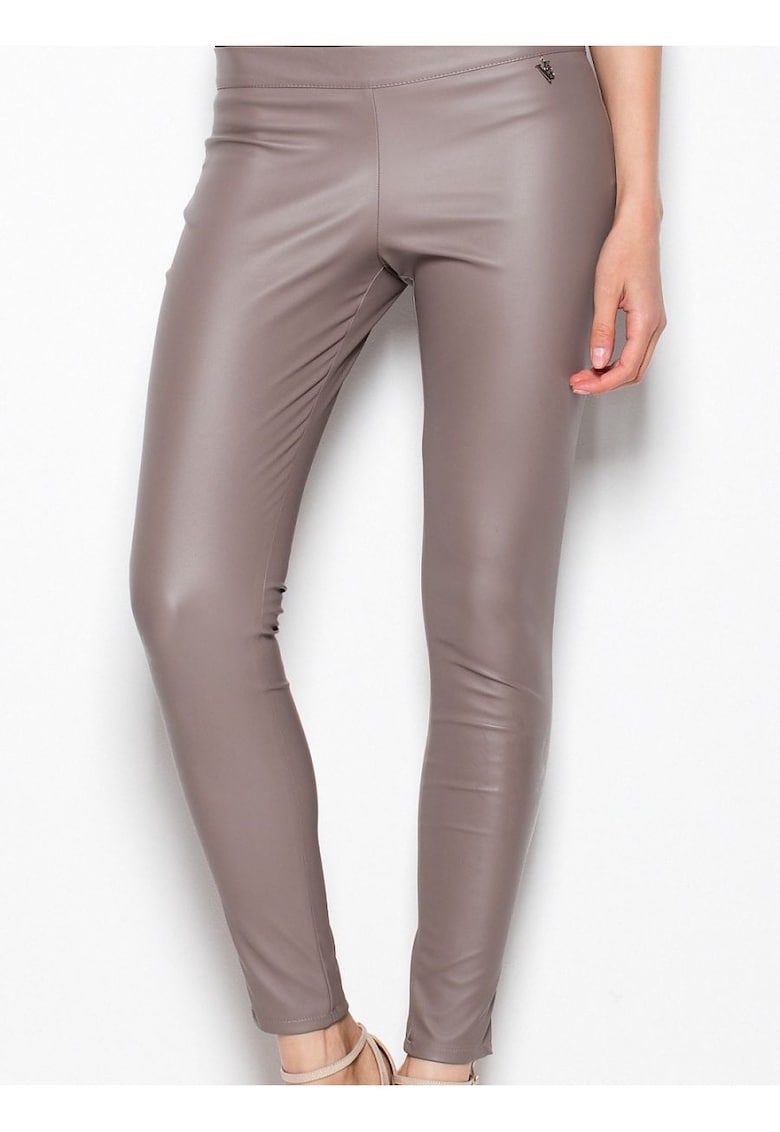 Pantaloni dama eleganti - bej - imitatie de piele - cu fermoar lateral -