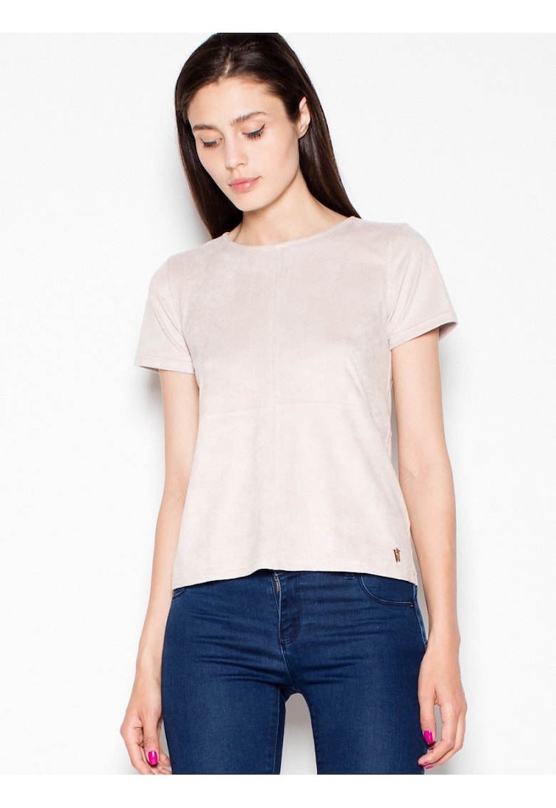 Bluza dama  bej - maneci scurte din piele intoarsa - decolteu semicircular - fermoar decorativ auriu