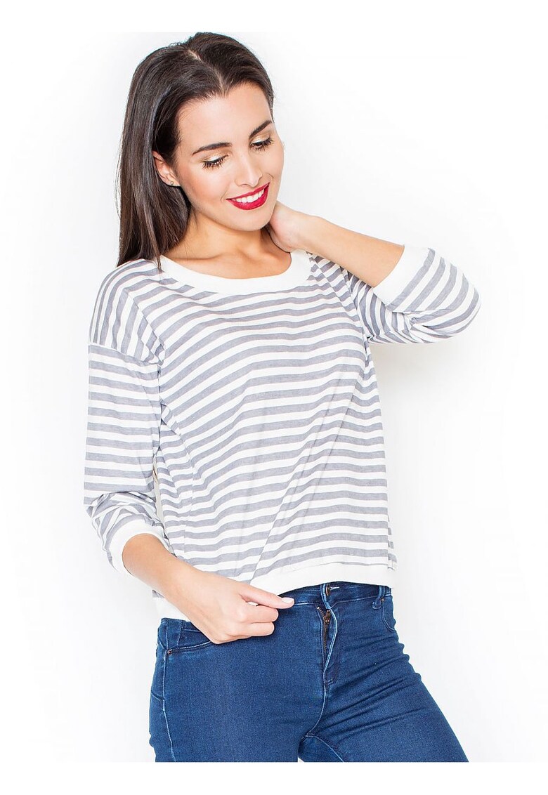 Bluza dama maneca scurta - model dungi - gri - bumbac 92%