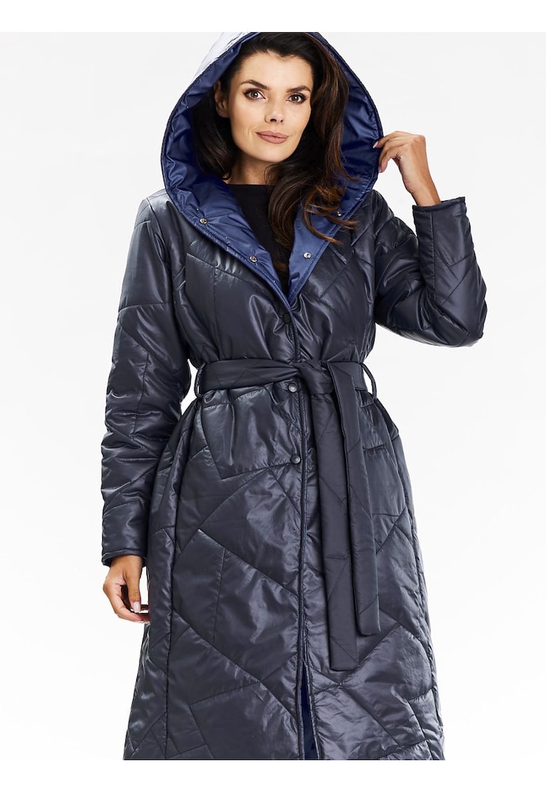 Palton lung cu gluga bleumarin - material matlasat - cu curea de talie