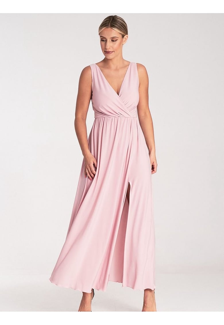 Rochie maxi roz - decolteu in V - decupat in talie - elastan 5% - poliester 95%