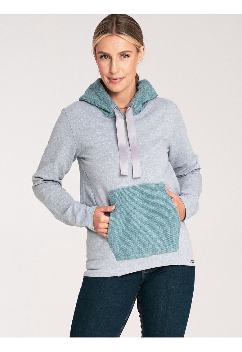 Hanorac dama gluga din lana - buzunar cangur - gri - bumbac