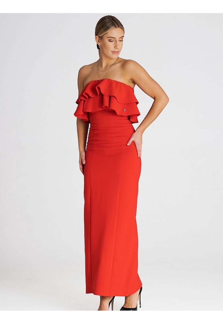 Rochie maxi eleganta - volane duble - rosu - elastan - poliester - viscoza Rochie maxi eleganta - volane duble - rosu - elastan - poliester - viscoza